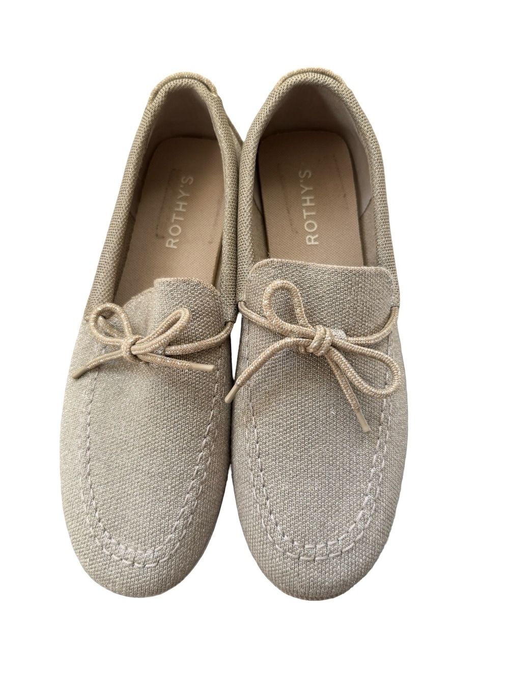 Rothy's Women's Beige Metallic Canvas Loafers with Bow Detail, Size 9